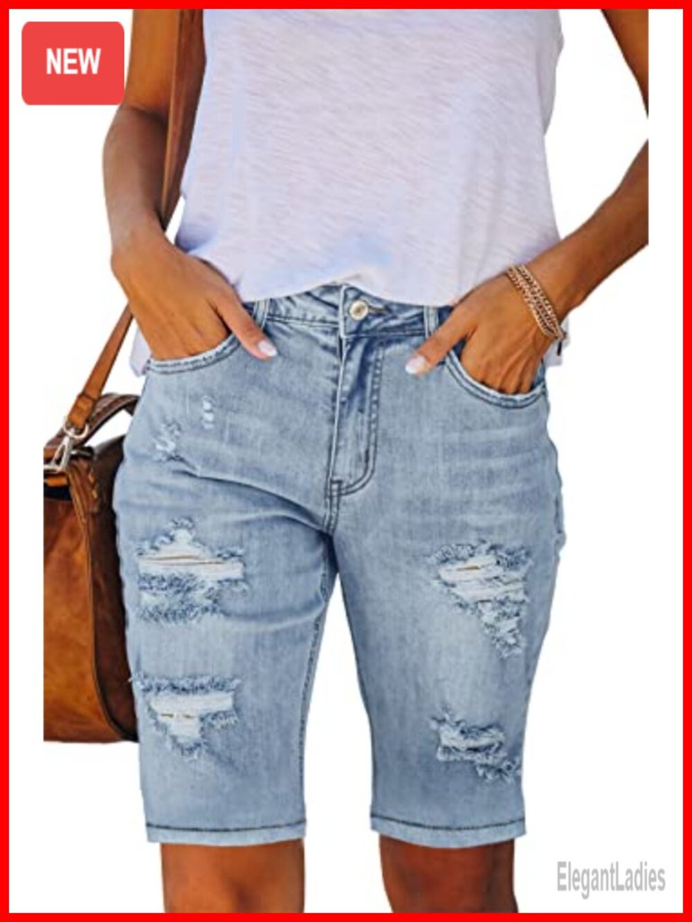 Mid-Rise Ripped Denim Bermuda Shorts Stretchy Cotton Blend Jean Shorts
